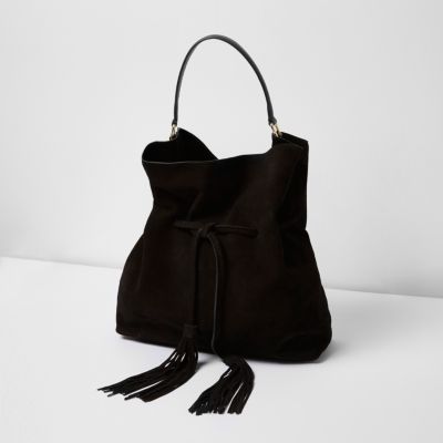 Black suede slouch drawstring duffel bag